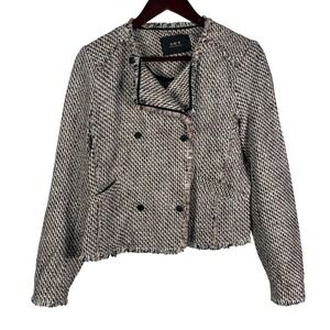 SET Urban‎ Deluxe Tweed Blazer Jacket Size 8 Pink Black Cream Bouclé Moto Europe
